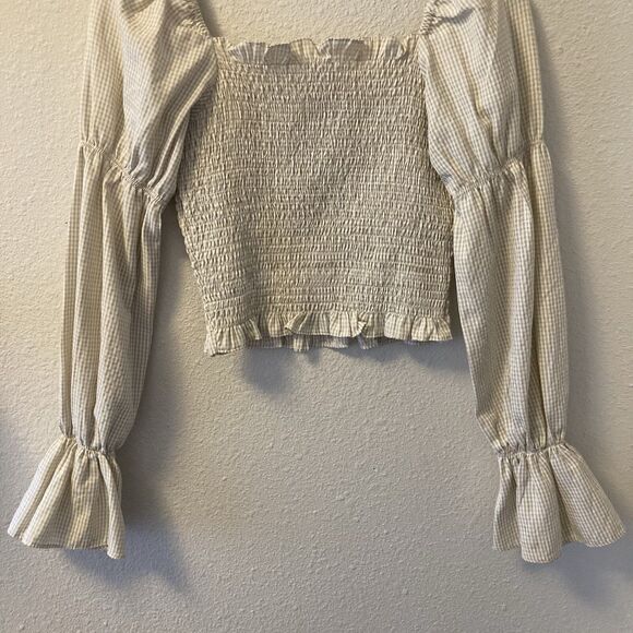 Superdown Womens Blouse Size XS Smocked Puff Sleeve Cropped Gingham Babydoll Top - Picture 6 of 11